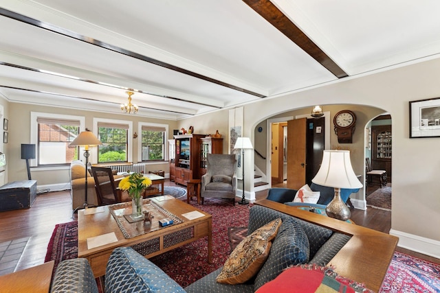 1913 River Pkwy, Minneapolis, MN 55414 - living room featuring arched walkways, wood finished floors, beam ceiling, a chandelier, and ornamental molding