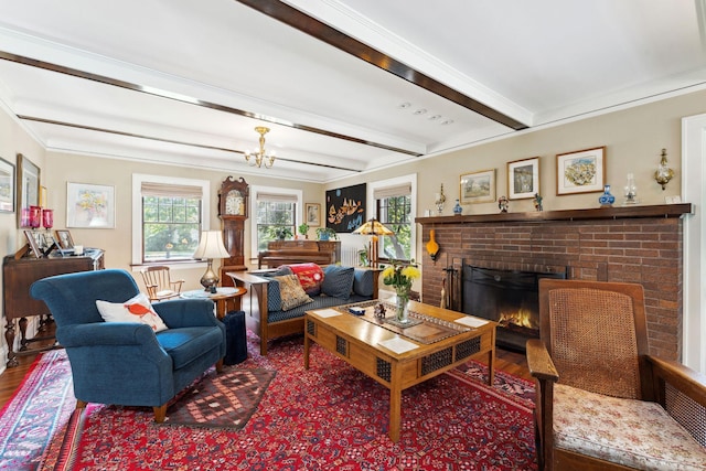 1913 River Pkwy, Minneapolis, MN 55414 - living room with beamed ceiling, a brick fireplace, wood finished floors, a chandelier, and ornamental molding