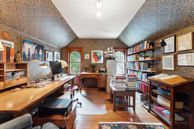 1913 River Pkwy, Minneapolis, MN 55414 - office space with wallpapered walls, wood finished floors, and lofted ceiling