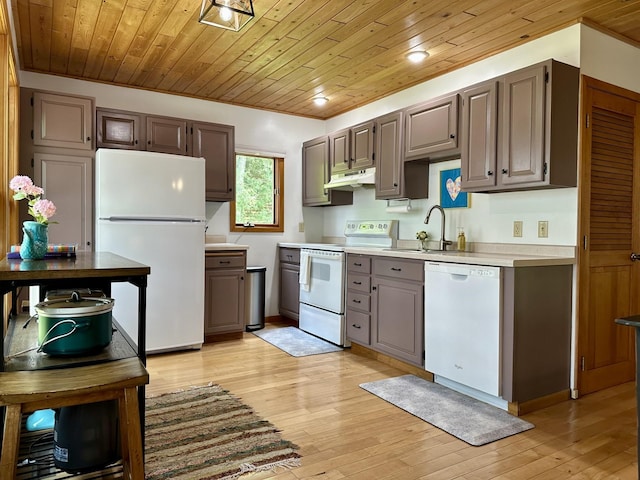 12332 Manhattan Point Blvd, Crosslake, MN 56442 - kitchen featuring white appliances, wooden ceiling, light countertops, under cabinet range hood, and light wood finished floors