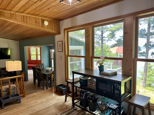 12332 Manhattan Point Blvd, Crosslake, MN 56442 - dining room featuring wooden ceiling, wood finished floors, healthy amount of natural light, and lofted ceiling