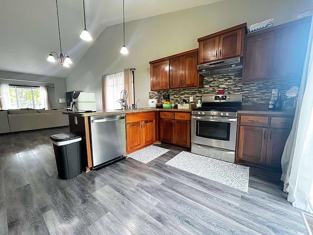 12383 Midway Cir NE, Blaine, MN 55449 - kitchen with appliances with stainless steel finishes, under cabinet range hood, open floor plan, lofted ceiling, and a peninsula