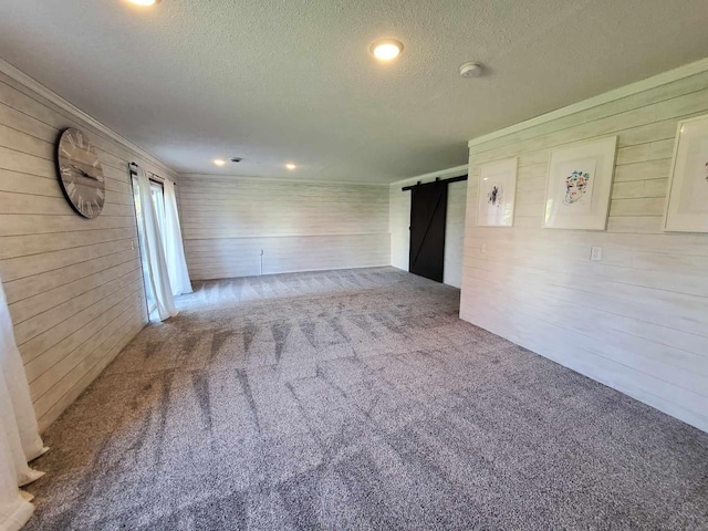 12383 Midway Cir NE, Blaine, MN 55449 - empty room featuring a barn door, wood walls, a textured ceiling, and carpet floors