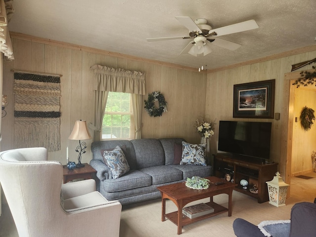 23064 Pearl Lake Rd, Lake View Twp, MN 56501 - living area featuring wood walls, ceiling fan, and crown molding