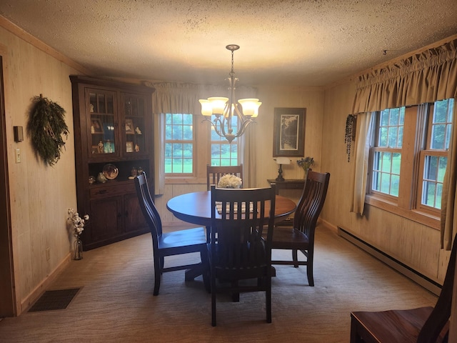 23064 Pearl Lake Rd, Lake View Twp, MN 56501 - carpeted dining room featuring a baseboard radiator, a chandelier, a textured ceiling, and baseboards
