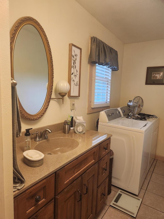 23064 Pearl Lake Rd, Lake View Twp, MN 56501 - bathroom featuring washer and clothes dryer, tile patterned floors, and vanity