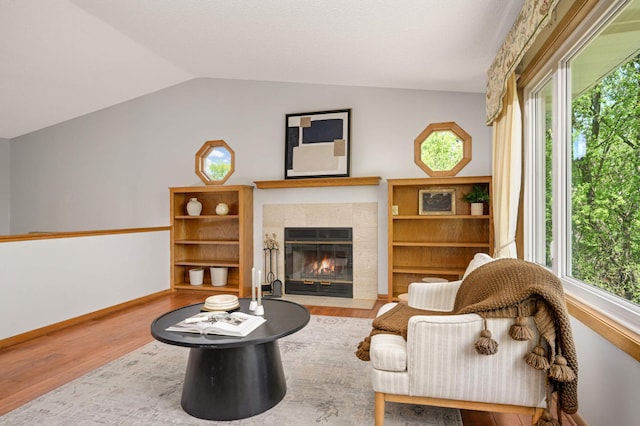 3924 Denmark Ave, Eagan, MN 55123 - living area featuring wood finished floors, vaulted ceiling, a fireplace, and baseboards