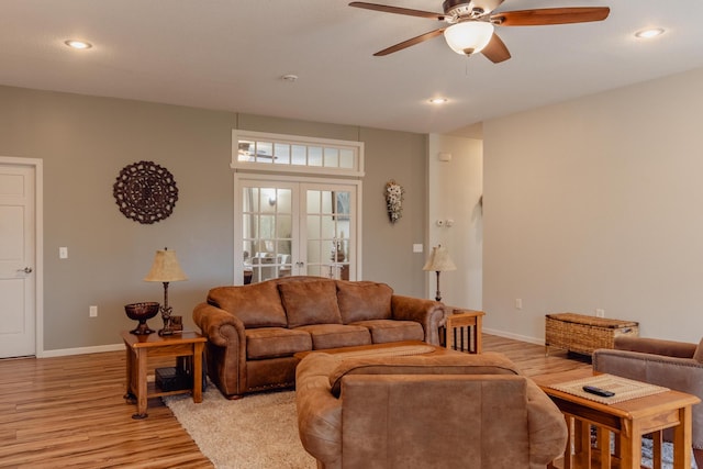 1614 8th St, Grand Rapids, MN 55744 - living area featuring ceiling fan, light wood-type flooring, baseboards, recessed lighting, and french doors