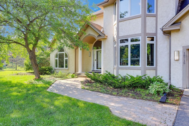 18715 24th Ave N, Plymouth, MN 55447 - property entrance featuring stucco siding and a lawn
