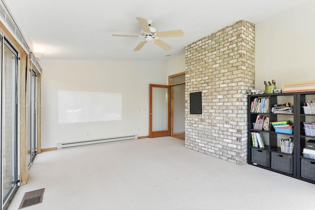 18715 24th Ave N, Plymouth, MN 55447 - unfurnished living room featuring a baseboard radiator, carpet flooring, a ceiling fan, and baseboards