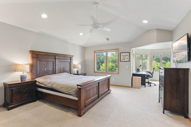 18715 24th Ave N, Plymouth, MN 55447 - bedroom featuring a desk, lofted ceiling, baseboards, light carpet, and recessed lighting