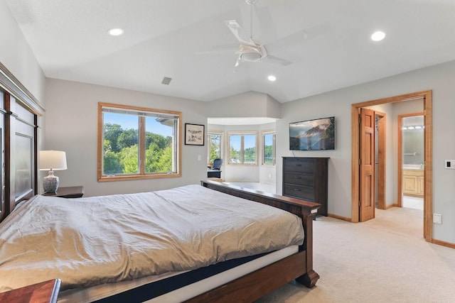 18715 24th Ave N, Plymouth, MN 55447 - bedroom featuring light carpet, baseboards, recessed lighting, vaulted ceiling, and ceiling fan