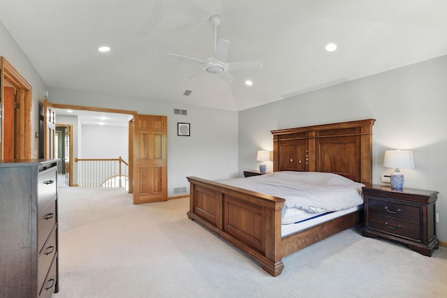 18715 24th Ave N, Plymouth, MN 55447 - bedroom featuring light carpet, recessed lighting, lofted ceiling, and ceiling fan