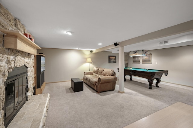 9452 Stevens Ave S, Bloomington, MN 55420 - living room with light colored carpet, a fireplace, baseboards, billiards, and recessed lighting