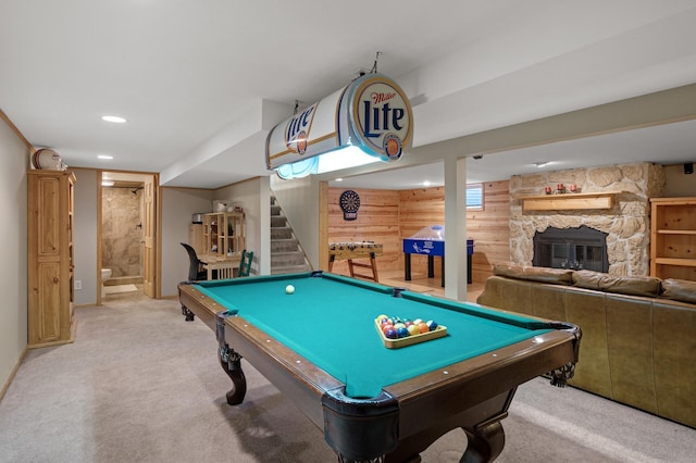 9452 Stevens Ave S, Bloomington, MN 55420 - playroom with light carpet, billiards table, a fireplace, recessed lighting, and baseboards