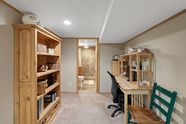 9452 Stevens Ave S, Bloomington, MN 55420 - office area featuring light carpet, crown molding, baseboards, and recessed lighting