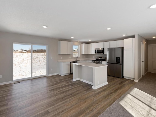 6720 376th St, North Branch, MN 55056 - kitchen featuring stainless steel appliances, a sink, dark wood-type flooring, white cabinets, and light countertops