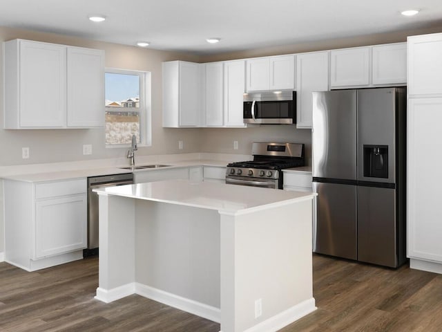 6720 376th St, North Branch, MN 55056 - kitchen featuring appliances with stainless steel finishes, a sink, dark wood finished floors, white cabinets, and a kitchen island