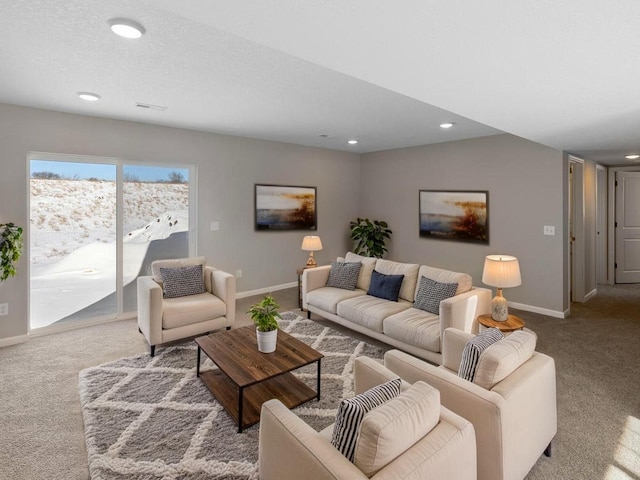 6720 376th St, North Branch, MN 55056 - carpeted living area featuring baseboards and recessed lighting