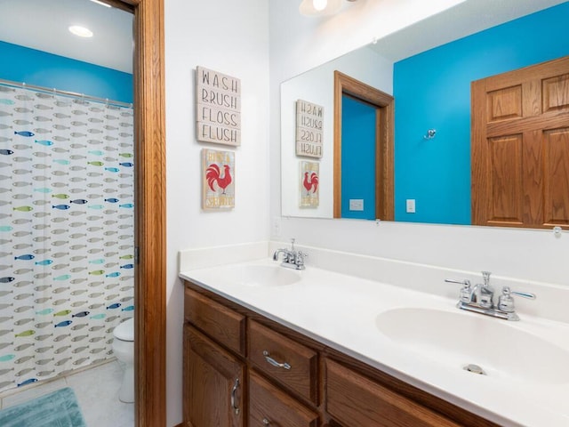 1776 Lockridge Ct, Waconia, MN 55387 - bathroom with double vanity, toilet, and a shower with curtain