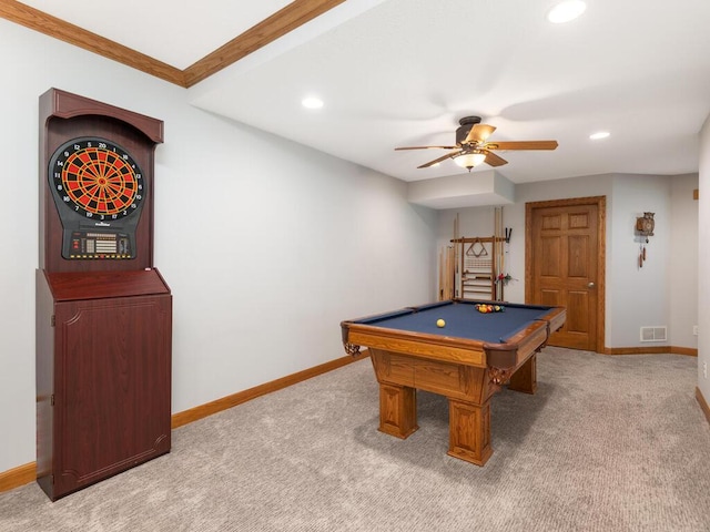 1776 Lockridge Ct, Waconia, MN 55387 - playroom featuring light carpet, recessed lighting, baseboards, a ceiling fan, and billiards table