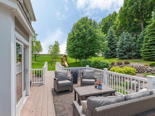 1776 Lockridge Ct, Waconia, MN 55387 - deck with outdoor lounge area, a yard, and a playground
