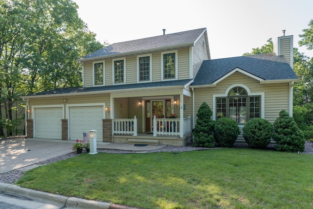957 Belvista Dr, North Mankato, MN 56003 - view of front of house featuring a porch, a front yard, driveway, and a chimney