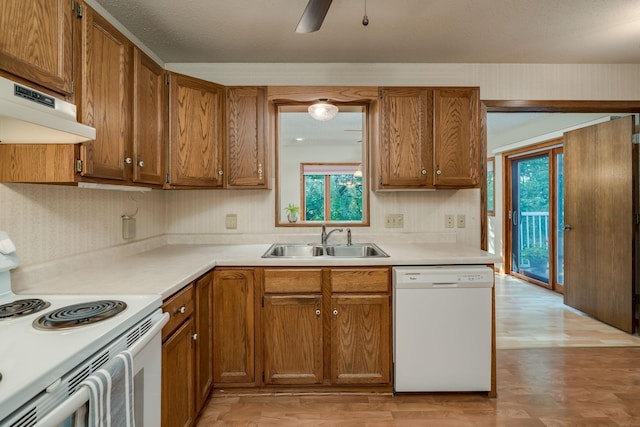 957 Belvista Dr, North Mankato, MN 56003 - kitchen with white appliances, a sink, under cabinet range hood, brown cabinetry, and ceiling fan