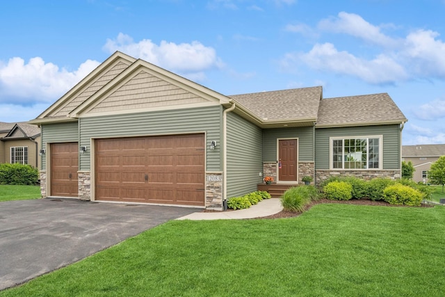 12083 79th St NE, Otsego, MN 55330 - craftsman-style house featuring an attached garage, stone siding, driveway, a front yard, and roof with shingles