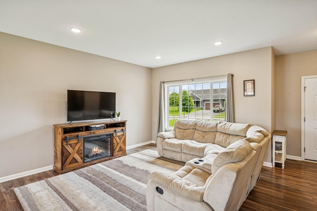 12083 79th St NE, Otsego, MN 55330 - living area with dark wood finished floors, baseboards, a glass covered fireplace, and recessed lighting
