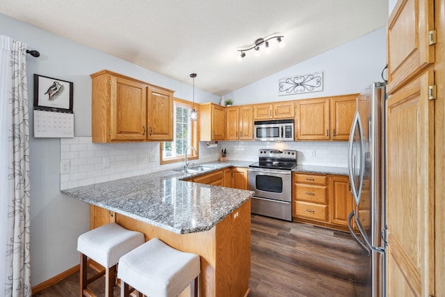 1590 Fountain Ln, Waconia, MN 55387 - kitchen featuring stainless steel appliances, a peninsula, light stone counters, lofted ceiling, and backsplash