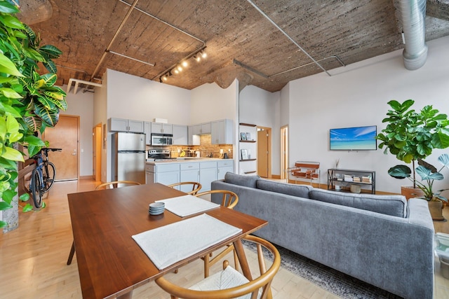 521 7th St Unit 416, Minneapolis, MN 55415 - living area with a high ceiling, track lighting, and light wood-style floors