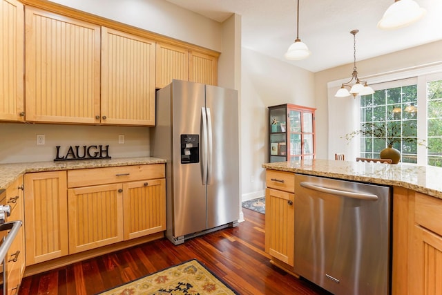 448 3rd St, Excelsior, MN 55331 - kitchen featuring stainless steel appliances, dark wood finished floors, pendant lighting, and light brown cabinetry