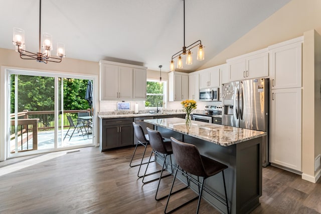 1641 Possum Way, New Richmond, WI 54017 - kitchen with stainless steel appliances, a chandelier, vaulted ceiling, healthy amount of natural light, and dark wood-style floors