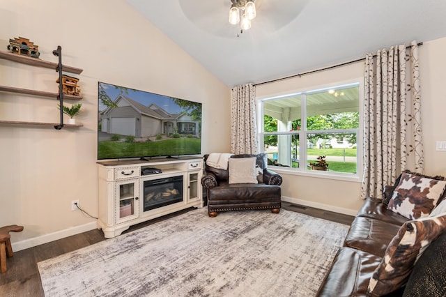 1641 Possum Way, New Richmond, WI 54017 - sitting room featuring wood finished floors, vaulted ceiling, and ceiling fan