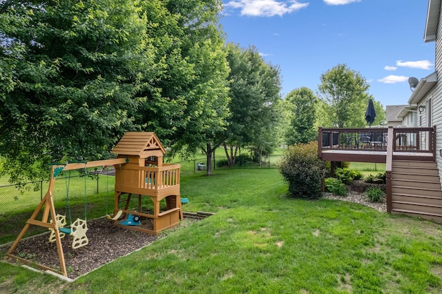 1641 Possum Way, New Richmond, WI 54017 - view of yard with a playground, a wooden deck, and stairway