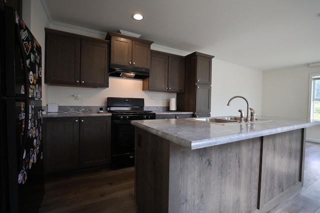 16962 Kenrick Ave Unit 7, Lakeville, MN 55044 - kitchen with black appliances, under cabinet range hood, a sink, dark wood-style floors, and crown molding