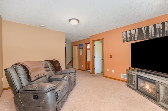 29259 Wildwood Rd, Chisago City, MN 55013 - living room with light carpet, stairs, and a textured ceiling