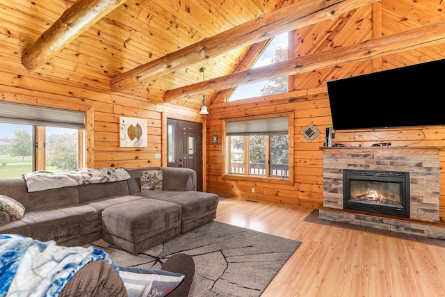 W7340 163rd Ave, Hager City, WI 54014 - living room with healthy amount of natural light, wood finished floors, wood walls, a stone fireplace, and wooden ceiling