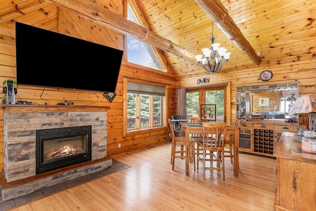 W7340 163rd Ave, Hager City, WI 54014 - dining space featuring wooden walls, light wood-style flooring, a chandelier, a stone fireplace, and wood ceiling