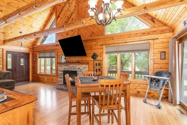 W7340 163rd Ave, Hager City, WI 54014 - dining area featuring a wood ceiling with exposed beams, plenty of natural light, wood walls, light wood-type flooring, and a warm lit fireplace