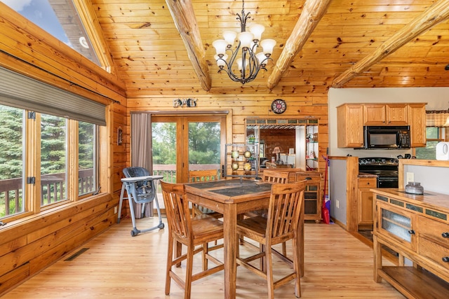 W7340 163rd Ave, Hager City, WI 54014 - dining room featuring wooden ceiling, a chandelier, light wood-type flooring, and wood walls