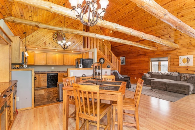 W7340 163rd Ave, Hager City, WI 54014 - dining area with a chandelier, wooden ceiling, light wood finished floors, wood walls, and stairs