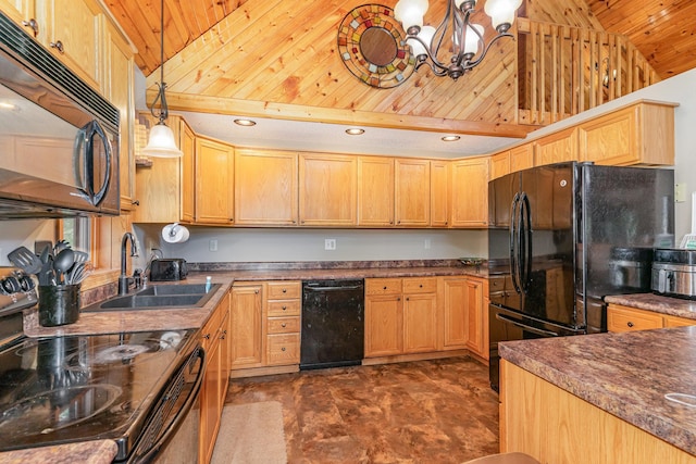 W7340 163rd Ave, Hager City, WI 54014 - kitchen with black appliances, wooden ceiling, vaulted ceiling, a chandelier, and pendant lighting
