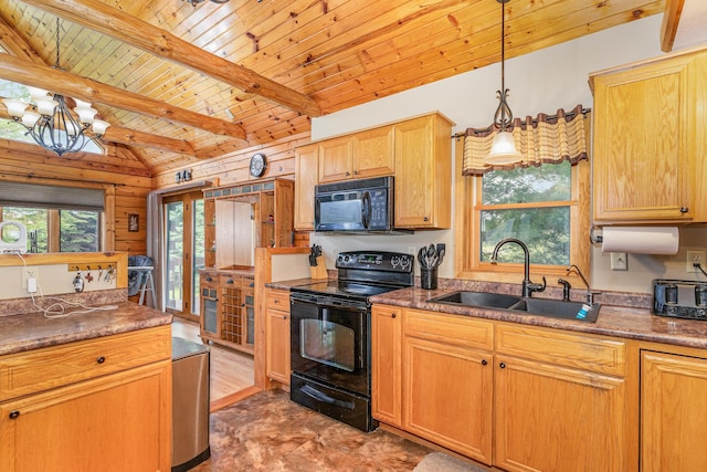 W7340 163rd Ave, Hager City, WI 54014 - kitchen featuring black appliances, wood ceiling, a chandelier, and decorative light fixtures