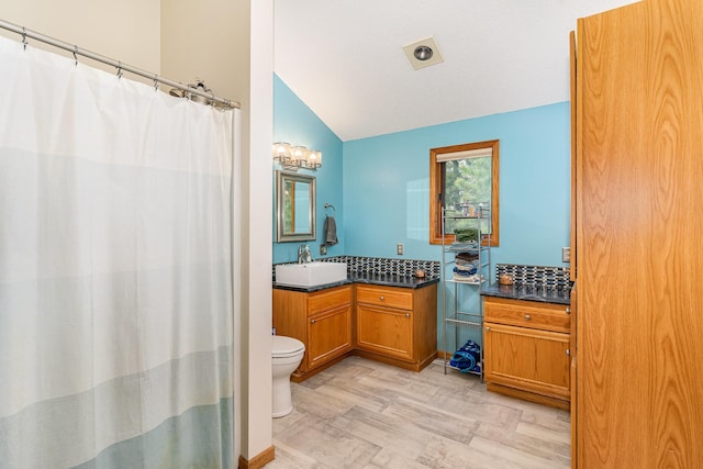 W7340 163rd Ave, Hager City, WI 54014 - bathroom featuring vaulted ceiling, vanity, and curtained shower