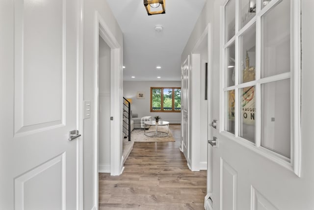 8401 Meadow Lake Rd N, New Hope, MN 55428 - hall featuring stairway, light wood-type flooring, recessed lighting, and baseboards