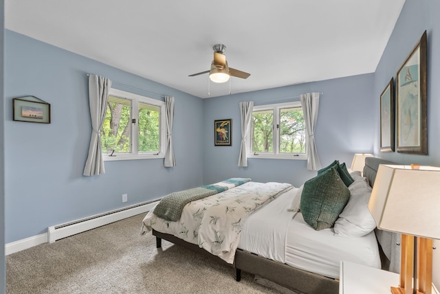 8401 Meadow Lake Rd N, New Hope, MN 55428 - bedroom featuring a baseboard radiator, multiple windows, carpet floors, and a ceiling fan