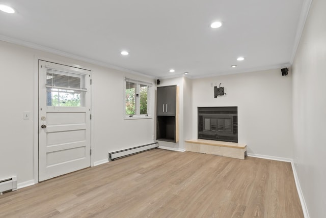 8401 Meadow Lake Rd N, New Hope, MN 55428 - unfurnished living room with a baseboard heating unit, crown molding, a glass covered fireplace, light wood finished floors, and recessed lighting