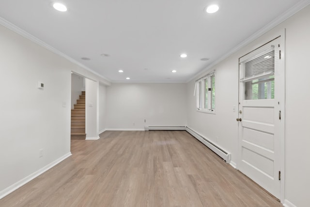 8401 Meadow Lake Rd N, New Hope, MN 55428 - spare room featuring ornamental molding, baseboard heating, recessed lighting, stairway, and light wood-type flooring